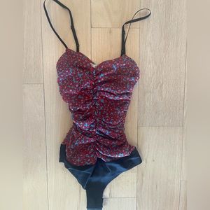 Diane Von Furstenberg Printed Nylon Rouched Bodysuit - Size XXS